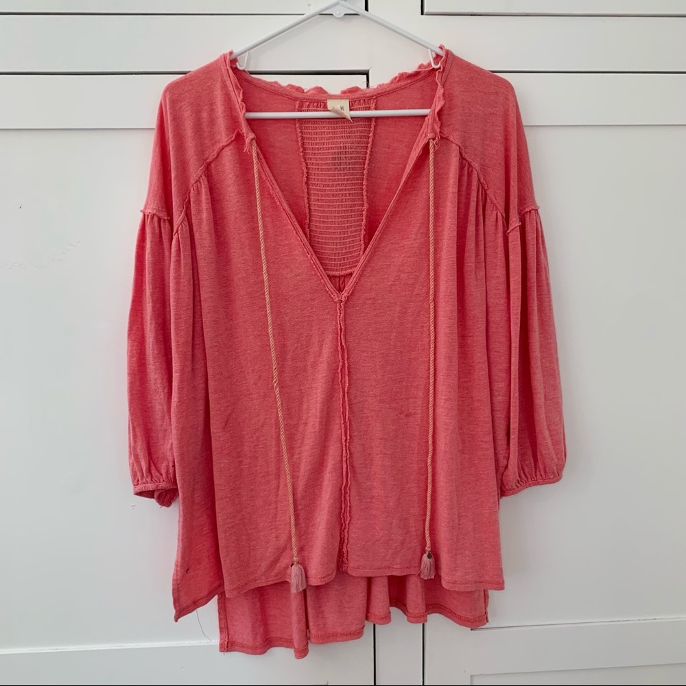 We The Free Pink Linen Blend V Neck ¾ Sleeve Top Size Small